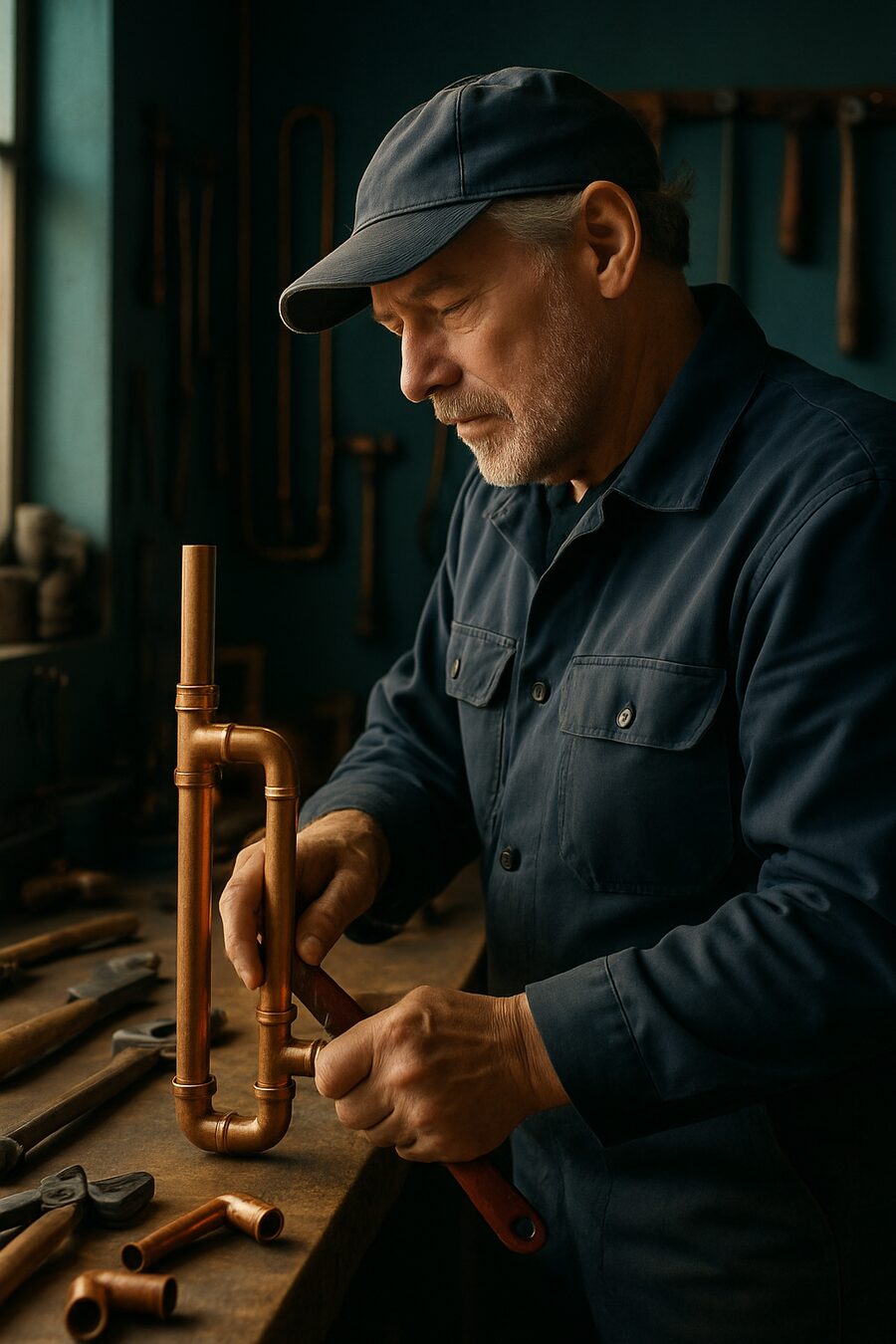 Artisan plombier au travail sur des tuyaux en cuivre